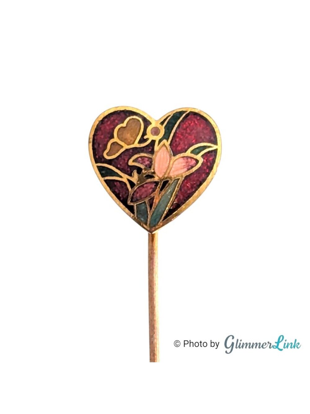 Vintage Heart Shaped Red Cloisonne Floral Butterfly Gold Tone Stick Pin